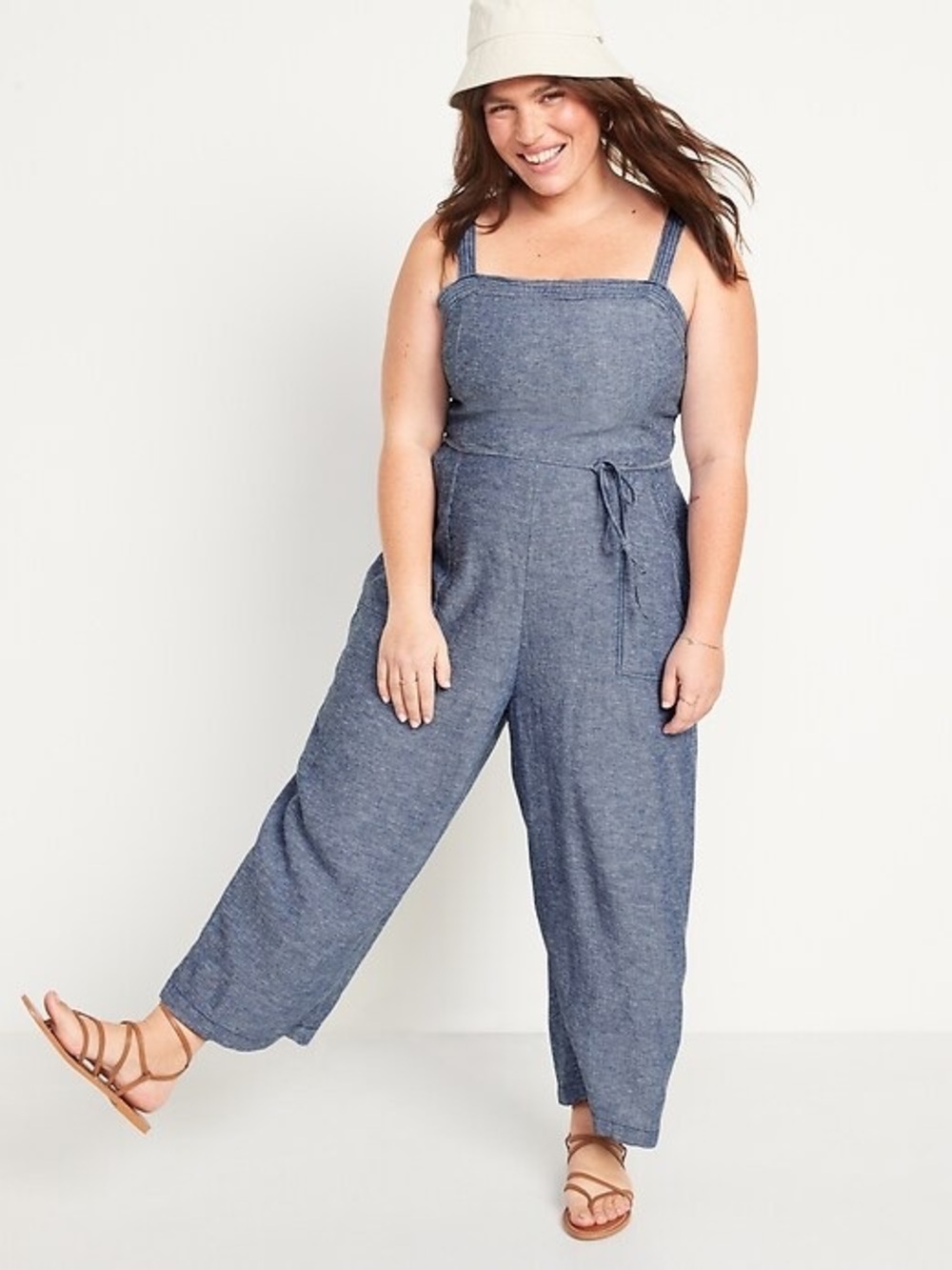 Old Navy Sleeveless Linen-Blend Wide-Leg Jumpsuit Smocked Back Size XL